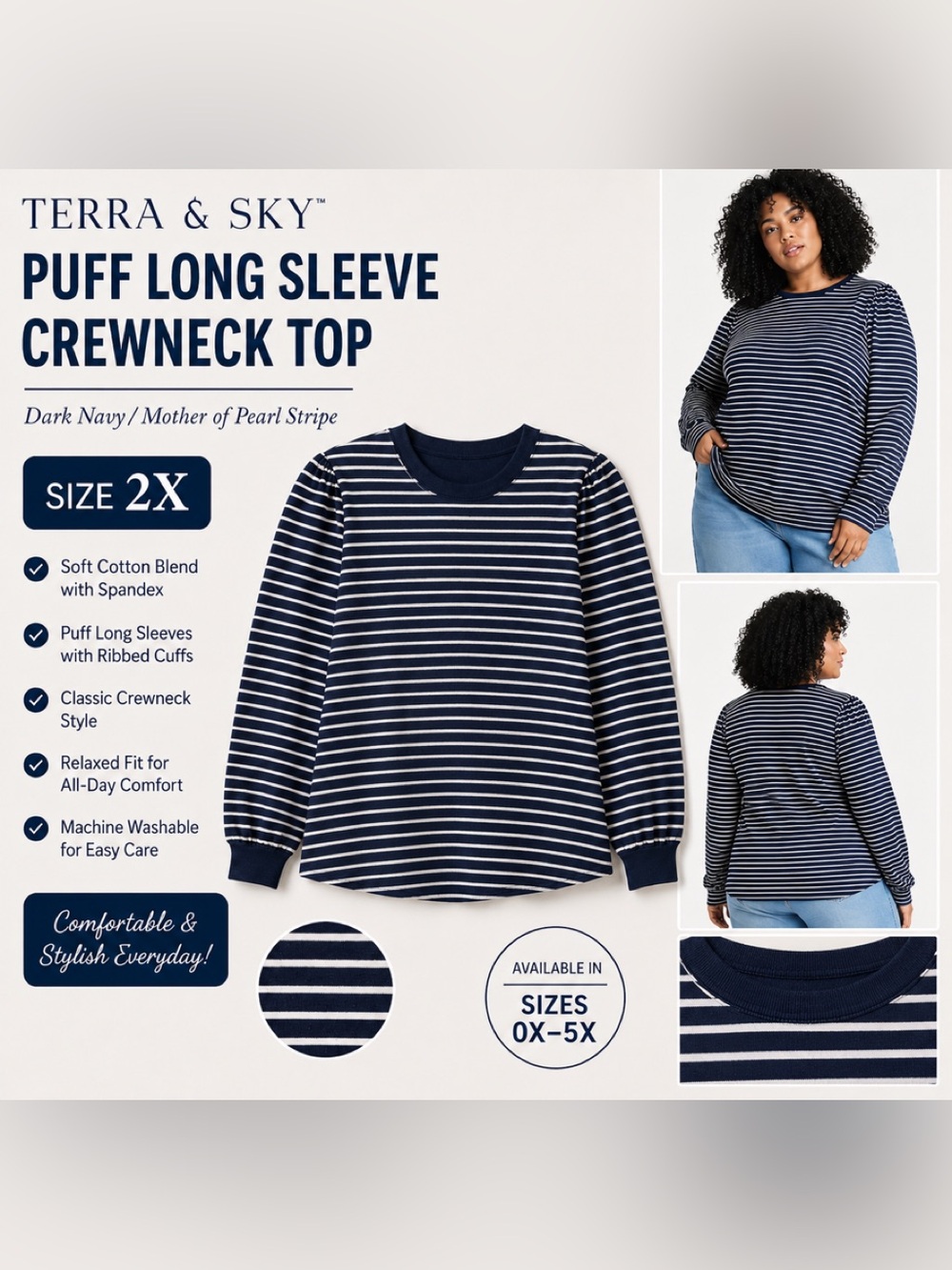 NWT Terra & Sky Puff Long Sleeve Crew Neck Top